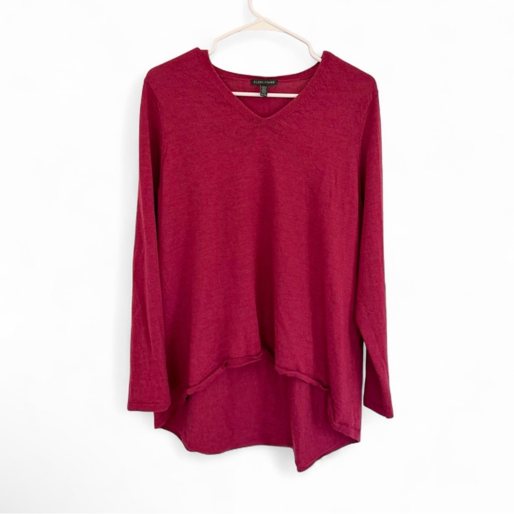 Eileen Fisher 100% Merino Wool Sweater XL V Neck Pullover Burgundy Wine Preppy